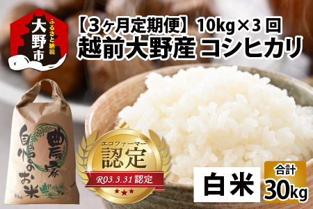 【令和6年産】【3ヶ月定期便】越前大野産 エコファーマー認定農家栽培こしひかり 白米 10kg × 3回 計30kg