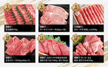 飛騨牛 定期便 全12回 計6.95kg | 肉 牛肉 お肉 お楽しみ 焼肉 すき焼き ステーキ しゃぶしゃぶ 食べ比べ 12回 焼き肉 やきにく すき焼 すきやき サーロイン サイコロ ランプ 赤身