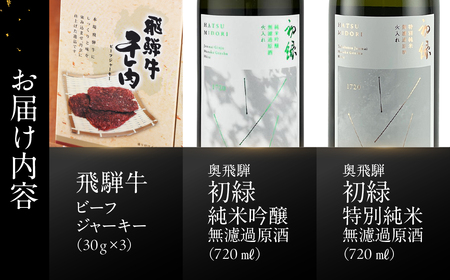 【飛騨 味職人】飛騨牛 干し肉ビーフジャーキー (30g×3箱)と【初緑】 無濾過原酒2種セット(720ml×各1本) お酒 日本酒 純米吟醸 奥飛騨酒造 おさだ食品 おつまみ 晩酌 ギフト 下呂温泉