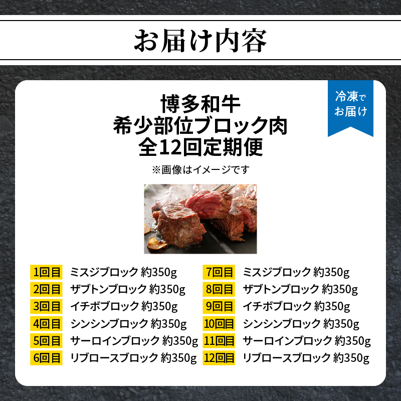 博多和牛 希少部位ブロック 定期便全12回 和牛 牛 牛肉 希少ミスジ ザブトン イチボ シンシン サーロイン リブロース ステーキ 焼肉 ロースト 煮込み 福岡県 八女市