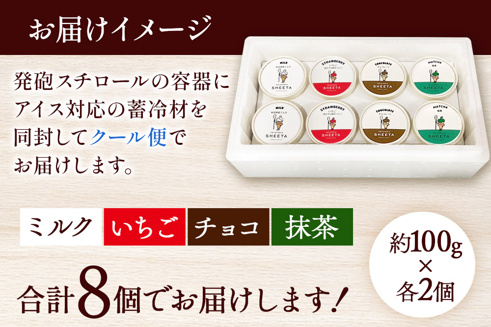 ジェラート詰合せ 人気フレーバーセット（ミルク・イチゴ・チョコ・抹茶）約100g×8個（各種2個ずつ）