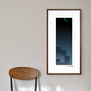 【絵画】 和紙アート 「群青の街と月」 額装サイズ 300mmx600mm 阿波紙 【 ピエゾグラフ 和紙 額入り 額縁付 アート インテリア 現代版画 絵画 版画 贈り物 贈答 プレゼント ギフト 