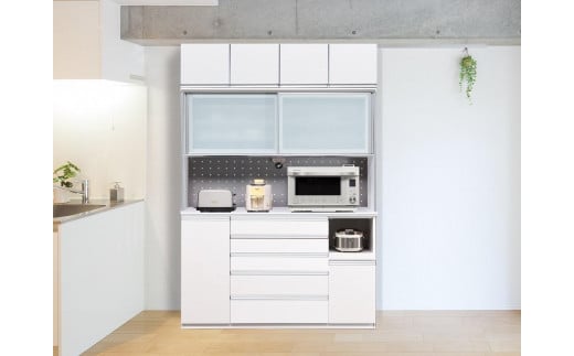 （ホワイト柾目）【開梱設置】 シャロン オープンボード 上置き付 幅160cm 引き戸 食器棚 キッチンボード 完成品 カップボード キッチン収納 家電収納 ダイニングボード 160幅 大川家具