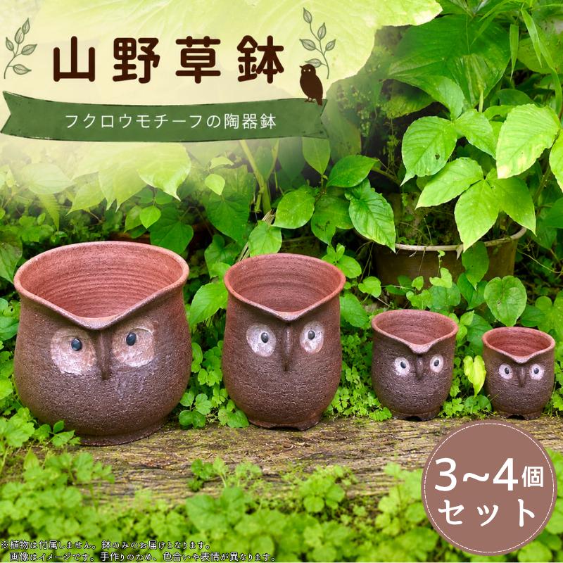 
                  山野草鉢 陶器 手作り フクロウモチーフ 3個 4個 セット 一点物 陶器鉢 美郷の土使用 陶芸品 植木鉢 多肉植物 山野草 観葉植物 寄せ植え インテリア ガーデニング 陶芸 徳島県 吉野川市
                