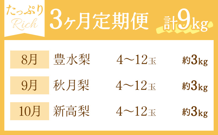 【3ヶ月定期便】梨 定期便 秀品 3ヶ月連続 梨の定期便 リッチ 計9kg 日本フルーツ株式会社《8月上旬-10月末頃出荷》熊本県 長洲町 なし ナシ 豊水梨 秋月梨 新高梨 果物 フルーツ---sn