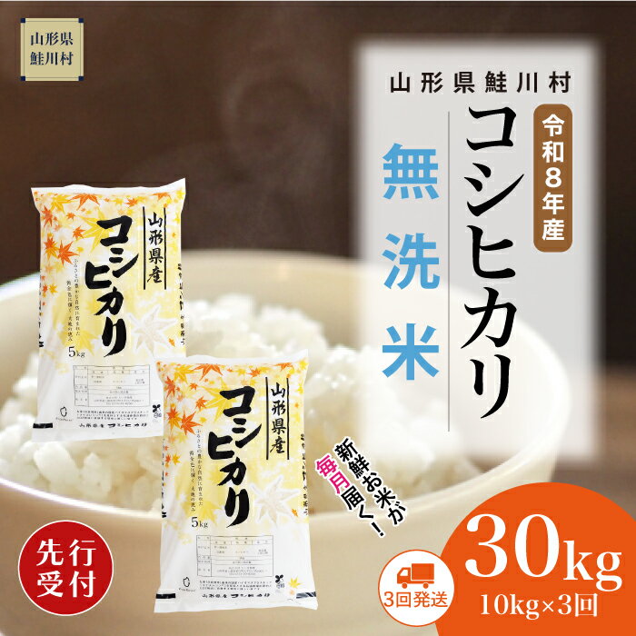 【ふるさと納税】＜令和8年産米先行受付＞ 鮭川村 コシヒカリ 【無洗米】30kg （10kg×1ヶ月間隔で3回お届け）＜配送時期選べます＞
