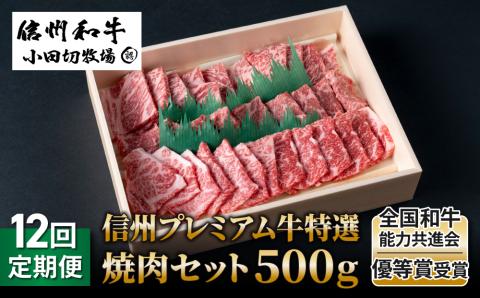 【１２回定期便】小田切牧場信州プレミアム牛特選　焼肉セット500ｇ