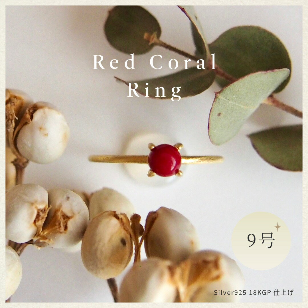 【ふるさと納税】9号 赤珊瑚レッドコーラル リング (Silver925 18KGP仕上げ) 指輪 ／ Maco アクセサリー シルバー ヘアライン加工 プレゼント 奈良県 田原本町