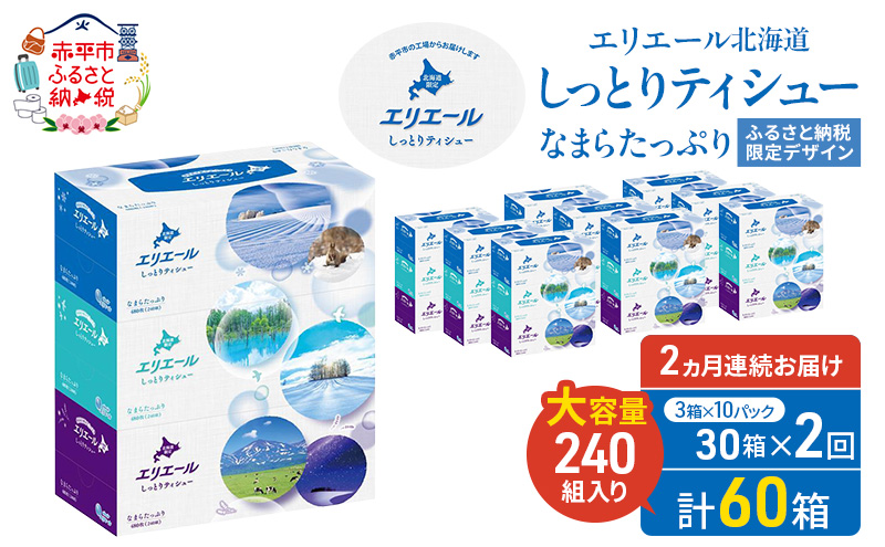 【2ヵ月連続お届け・計60箱】エリエール 北海道 しっとりティシュー なまらたっぷり 240組3箱 10パック ふるさと納税限定デザイン ボックスティシュー 箱ティッシュ ペーパー 備蓄品 花粉 保湿成分