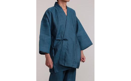 061-8　【水（格子）・Lサイズ】染め・織り・縫製　すべて地元遠州製　本麻作務衣