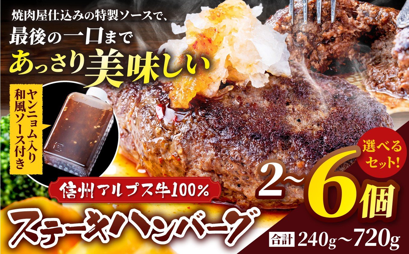 
                  肉の旨み際立つ！信州アルプス牛100％ ステーキハンバーグ 選べる個数 | ハンバーグ ステーキハンバーグ 信州アルプス牛 ヤンニョム おかず 食品 洋食 惣菜 食品 ふるさと納税 長野県 松本市 寄附額5000円～
                