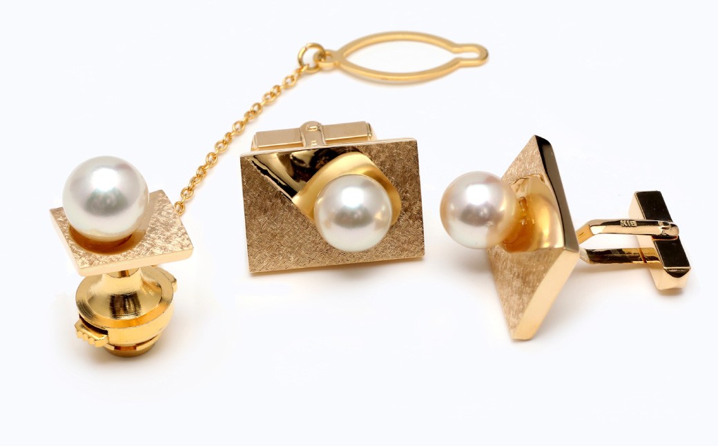 【数量限定】 あこや真珠 (8mm、8.5mm珠) タイタック カフス セット K18 パール 
