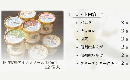 長門牧場アイスクリーム12個セットA-2　6種のフレーバー詰め合わせ（バニラ、チョコレート、抹茶、ヨーグルト、いちご、あんず）　人気スイーツ　濃厚ミルク　直送　牛乳　生乳　国産　夏ギフト　長野県　贈答