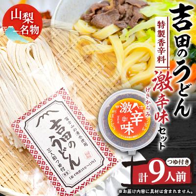 ふるさと納税 山梨県 名物吉田のうどん3人前袋つゆ付き×3個、香辛料激辛味×1個　