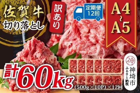 【12か月定期便】訳あり！【A4～A5】佐賀牛切り落とし 5kg(500g×10P)×12回【肉 牛肉 ブランド牛 黒毛和牛 ふるさと納税】(H112326）