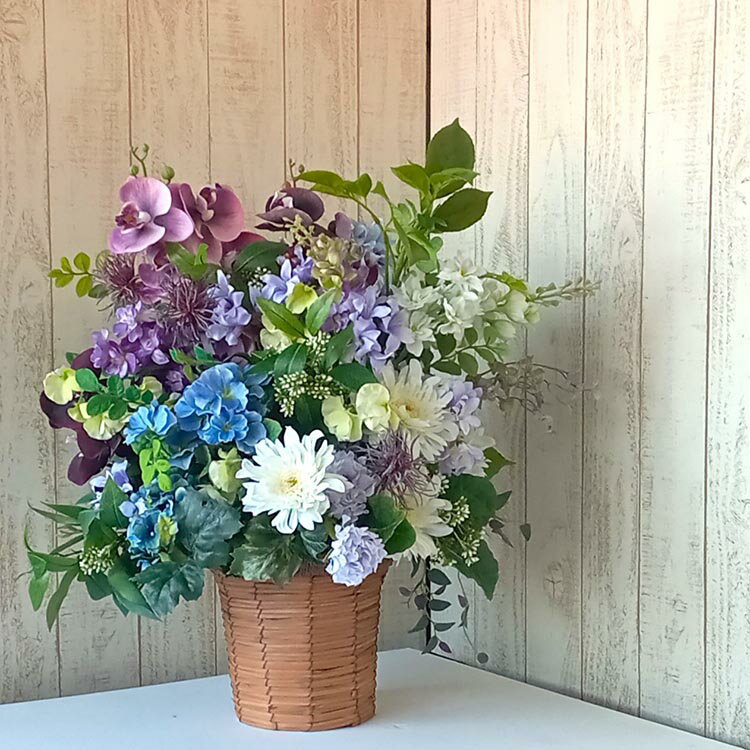 【ふるさと納税】アートフラワー バスケットアレンジ PR＜花古都＞｜フラワーアレンジメント 造花 お供え 贈答 ギフト インテリア 仏花 オリジナル 1点限り ※離島への配送不可