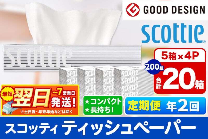 
                  《6ヶ月ごとに2回お届け》定期便 ティッシュペーパー スコッティ 200組 20箱(5箱×4パック) ティッシュ 秋田市オリジナル 最短翌日発送 [ティッシュ ボックスティッシュ スコッティ(SCOTTIE) スコッティティシュー 定期便 新生活]
                