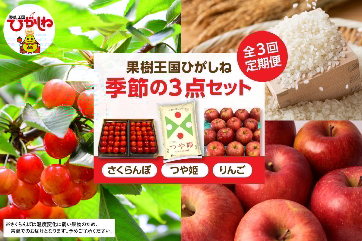 
            【3回定期便】果樹王国ひがしね季節の3点セット さくらんぼ つや姫 ふじりんご 山形県 東根市 hi089-001-1
          