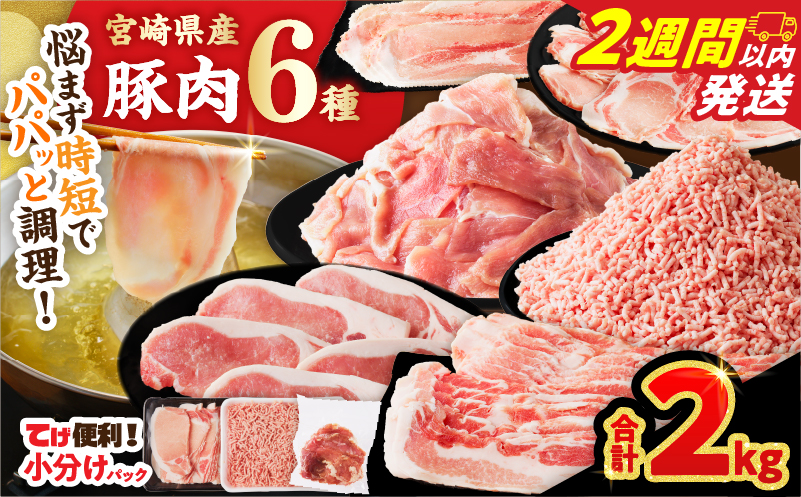 【2週間以内発送】≪宮崎県産≫豚肉6種＼てげスゲーセット／合計2kg 肉 豚 豚肉 おかず 国産_T009-0305-2W【人気 ギフト 食品 お肉 しゃぶしゃぶ 贈り物 お土産 送料無料 プレゼント】