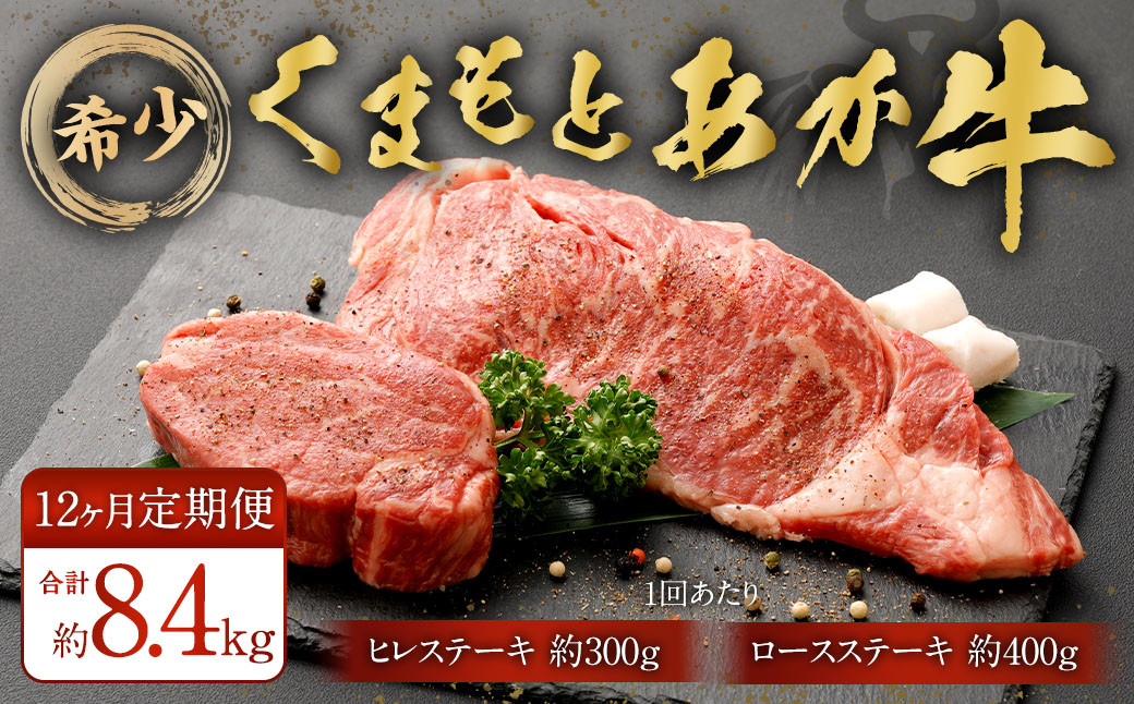 
                  【12ヶ月定期便】くまもとあか牛 ヒレステーキ約300g・ロースステーキ約400g 牛肉 合計約8.4kg
                