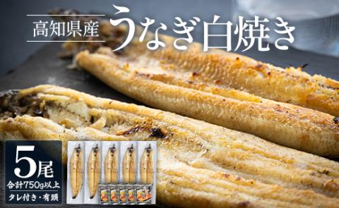 高知県産うなぎの白焼き 5尾 合計750g以上（1尾150～180g）タレ付き エコ包装 - 送料無料 鰻 ウナギ 有頭 しらやき つまみ ご飯のお供 ごはん 簡易 家庭用 国産 冷凍 yw-0060