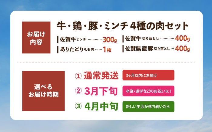  牛 豚 鶏肉 セット 佐賀牛 切り落とし ミンチ 牛肉 豚肉 鶏 肉 精肉 黒毛和牛 ありたどり 食べくらべ 新生活 仕送り