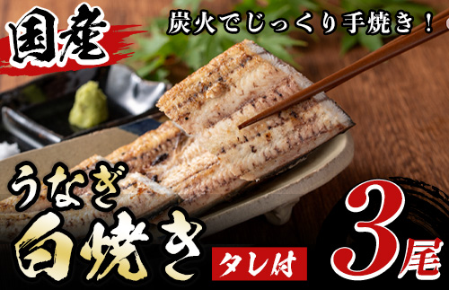 y082 国産！うなぎ白焼き(3尾・タレ付き) 九州産 鰻 ウナギ 無頭 魚 魚介類 しろやき 白焼 かばやき 蒲焼 蒲焼き おかず 特産品 土用 丑の日 お土産 ギフト プレゼント 冷蔵 【尾方屋】