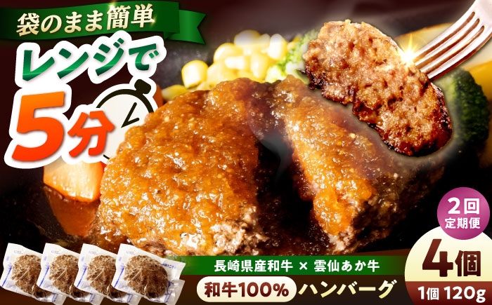 
                  【2回定期便】 【レンジ調理】 和牛100％ハンバーグ4個 長崎県産和牛と希少あか牛（A4またはA5ランク） 長与町/炭火焼肉あおい [EBW077]
                