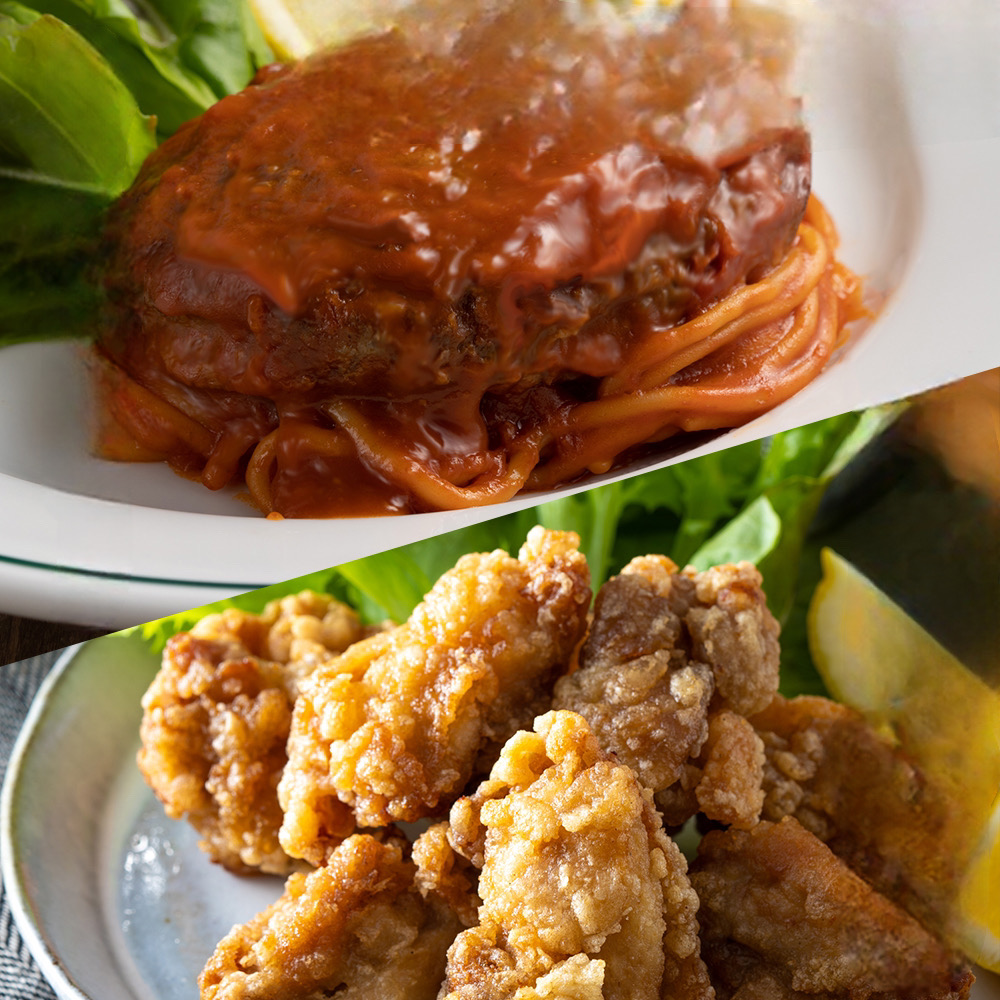 煮込みデミグラスハンバーグとうま塩から揚げのセット