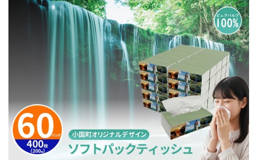【令和8年8月～出荷】小国町オリジナル ソフトパックティッシュ 60パック×400枚 200組 ティッシュペーパー ピュアパルプ 柔らか コンパクト 生活応援 日用品 必需品  まとめ買い 備蓄 熊本県 小国町 観光スポット紹介
