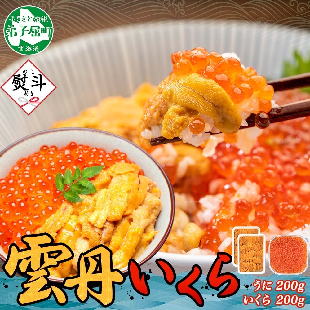 3381. 無地熨斗 ウニ チリ産 冷凍 いくら 二色丼 うに 雲丹 イクラ 海鮮丼 うに丼 いくら丼 いくら醤油漬け 熨斗 のし 名入れ不可 贈り物 贈答用 送料無料 北海道 弟子屈町