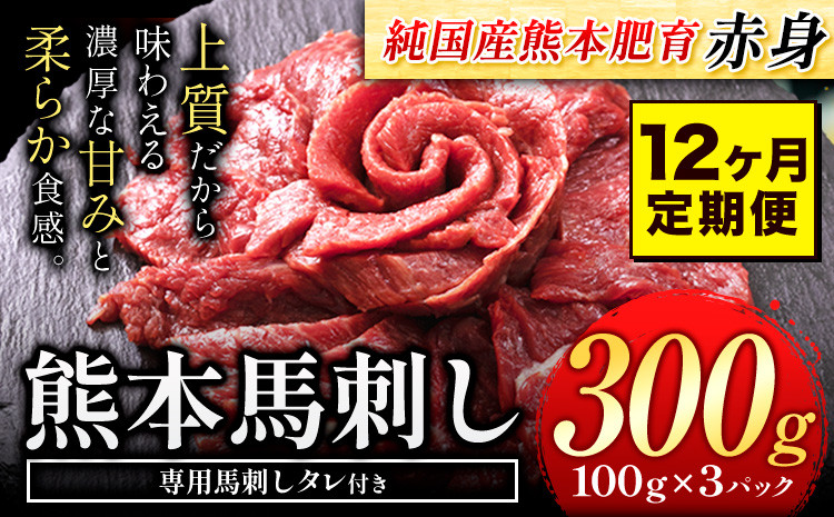 
            【12ヶ月定期便】赤身馬刺し300g【純国産熊本肥育】 たっぷり300g 約100g×3ブロック(タレ5ml×3袋) 生食用 冷凍《お申込み月の翌月から出荷開始》送料無料
          