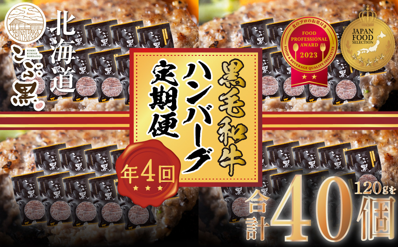 
            ＜ 定期便 4回 ＞ 北海道産 黒毛和牛 こぶ黒 ハンバーグ 全 40個  ( 各 10個 ) 【 LC 】  黒毛和牛 和牛 牛肉 ハンバーグ 挽肉
          