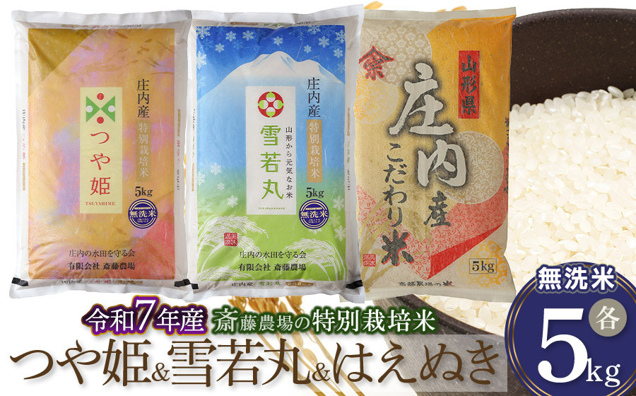 
            【令和7年産先行予約】 斎藤農場の特別栽培米 つや姫無洗米・雪若丸無洗米・はえぬき無洗米 各5kg 山形県鶴岡市 K-7102
          