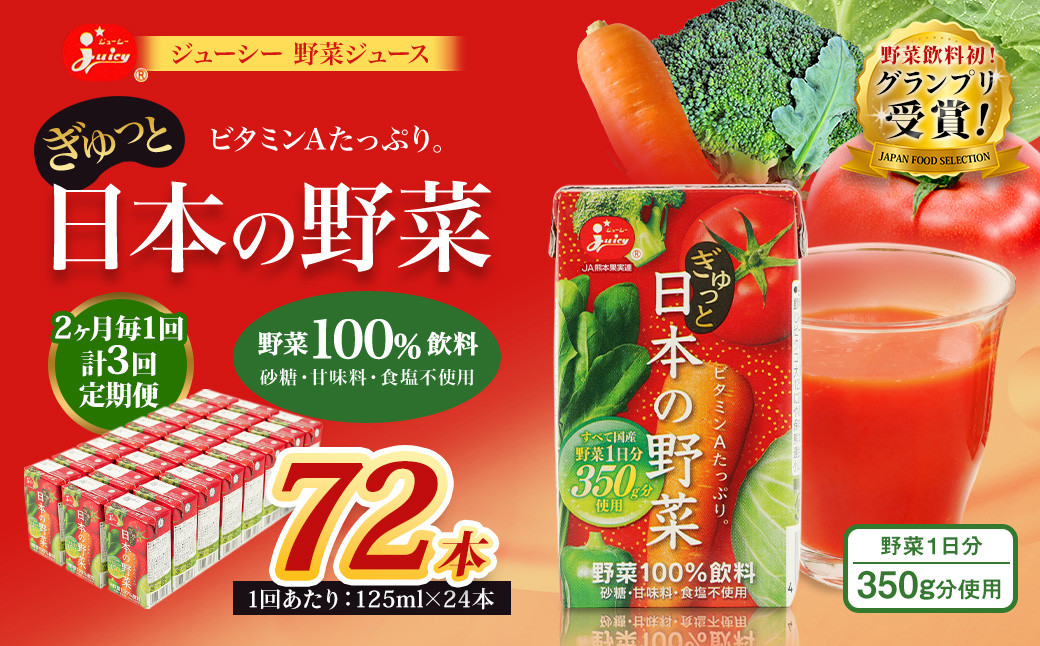 
                  【2ヶ月毎3回定期便】【野菜飲料初！ジャパンフードセレクション グランプリ受賞】 ジューシー 野菜ジュース ぎゅっと日本の野菜 100％ 125ml×24本 ジュース 紙パック 国産 
                
