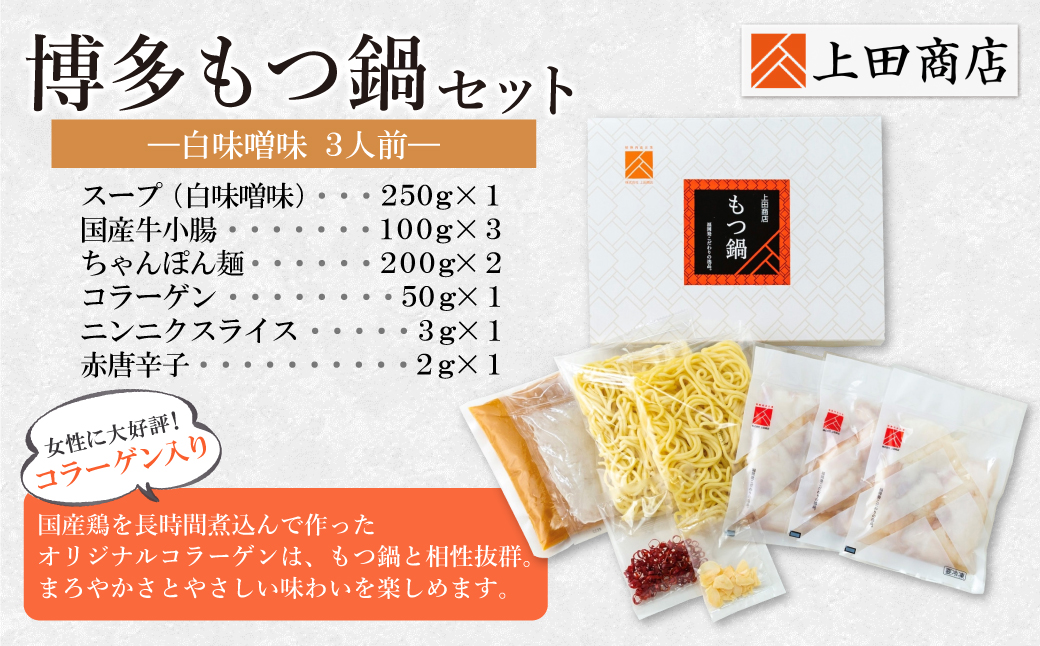上田商店 博多もつ鍋セット(白味噌味 3人前)