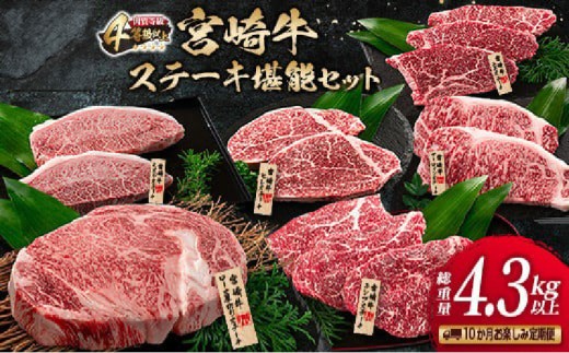 10か月 お楽しみ 定期便 宮崎牛 ステーキ 堪能 セット 総重量4.3kg以上 ミスジ モモ ロース ランプ イチボ ヒレ 希少 厚切り 牛肉 国産 黒毛和牛 ミヤチク 食品 おかず ブランド牛 お祝 おすすめ 宮崎県 日南市 送料無料_UA1-25