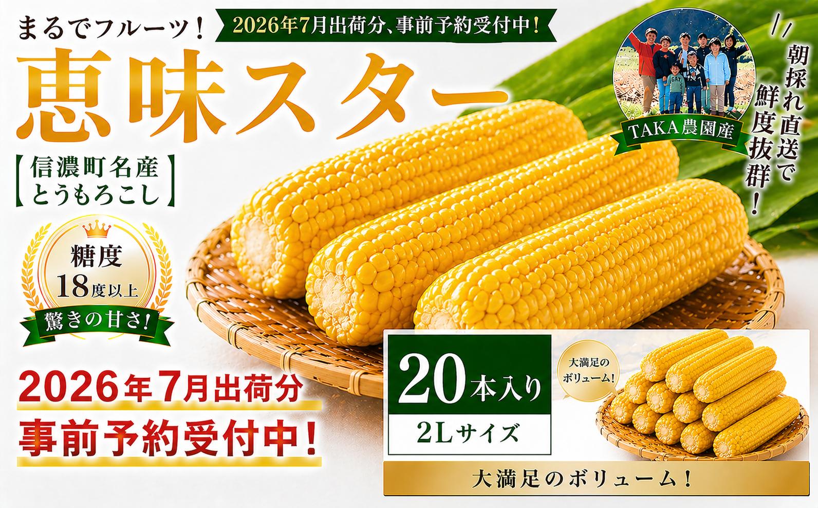 
                  令8年7/15~25限定出荷≪20本≫糖度18度超！黒姫高原 朝採り完熟とうもろこし 恵味スター／TAKA農園　　
                
