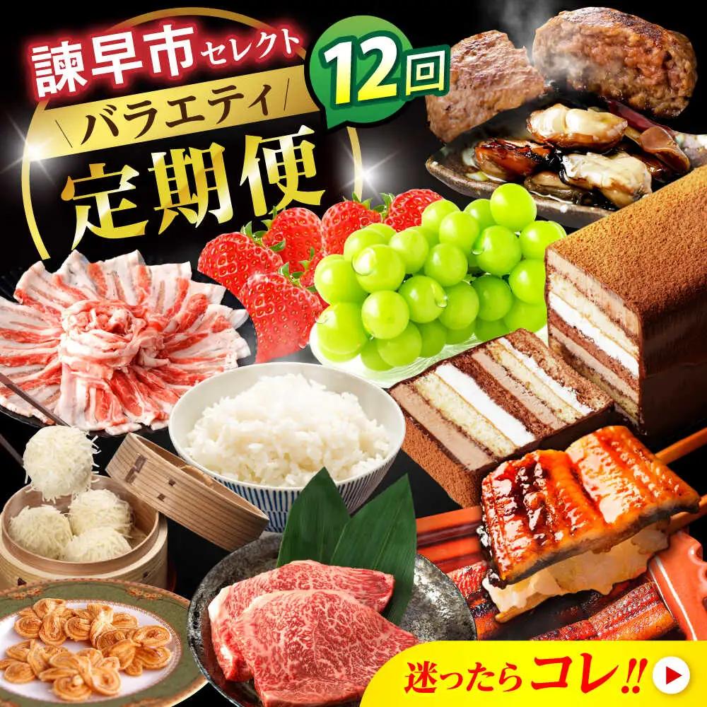 【12回定期便】バラエティ定期便 諫早市セレクト / ステーキ 菓子 いちご 牡蠣 ハンバーグ しゅうまい うなぎ ケーキ シャインマスカット 米 豚肉 かまぼこ / 諫早市[AHDC040]