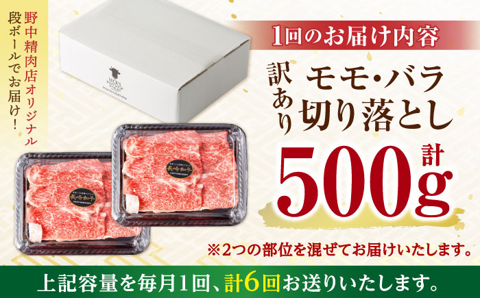 【6回定期便】【訳あり】長崎和牛 切り落とし 赤身 モモ バラ 500g(250g×2) / 長崎和牛 A5ランク ワケあり 小間切れ / 諫早市 / 野中精肉店 [AHCW013]
