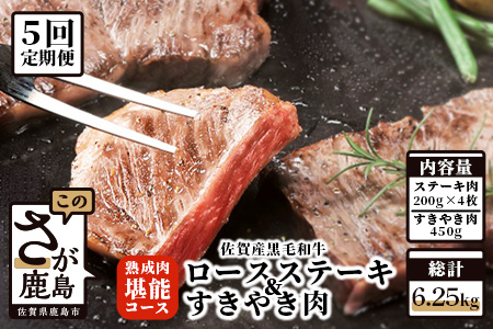   【熟成肉『堪能』コース５回定期便】佐賀県産黒毛和牛 ロースステーキ＆すきやき肉 W-2