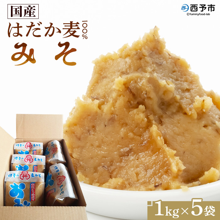 ＜国産 はだか麦 100％ みそ 5kg（1kg×5袋）＞味噌 調味料 発酵食品 だるまや 愛媛県 西予市【常温】『1か月以内に順次出荷予定』