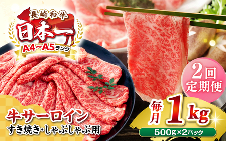 【全2回定期便】【厳選部位】【A4〜A5ランク】 長崎和牛 サーロイン スライス 1kg（500g×2パック）（すき焼き・しゃぶしゃぶ）《壱岐市》【株式会社MEAT PLUS】肉 牛肉 黒毛和牛 鍋 ご褒美 冷凍配送[JGH083]