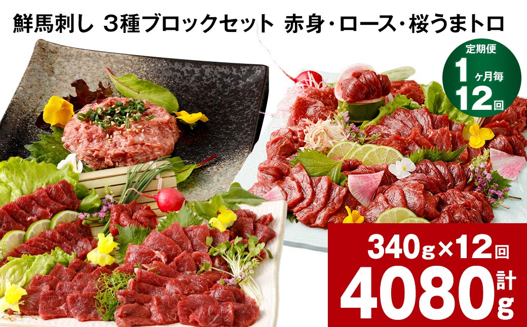 
            【1ヶ月毎12回定期便】鮮馬刺し 3種ブロックセット 計4080g
          