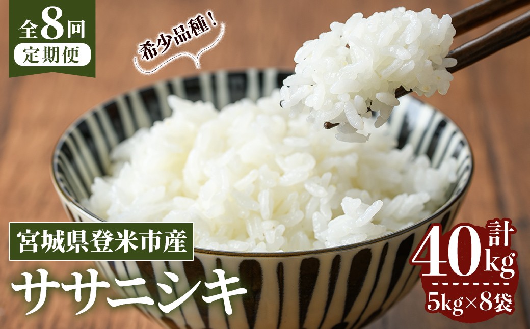 
                  ≪令和8年産≫【8回定期便】ササニシキ 計40kg (5kg×8回配送) 登米市産 お米 おこめ 米 コメ 白米 ご飯 ごはん おにぎり お弁当 8か月 頒布会【登米ライスサービス株式会社】tm486
                