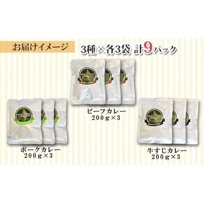 北海道 倶知安 カレー 3種 食べ比べ セット 計9個 中辛 スープカレー ビーフ ポーク 牛すじ カレー 詰め合わせ じゃがいも 牛 牛肉 豚肉 業務用 レトルトカレー _イメージ5