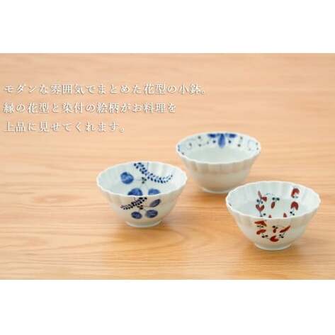有田焼 モダンな花型小鉢 絵変わり 3点セット【皓洋窯】食器 器 うつわ 小鉢 手描き 小鉢 染付 小鉢 赤絵 小鉢 A25-527_イメージ2