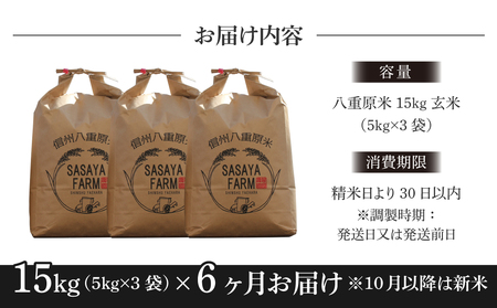 【６回定期便】八重原米15kg（5kg×３袋）玄米