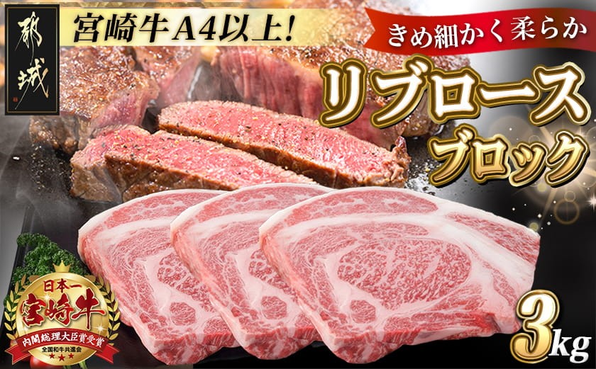
宮崎牛リブロースブロック3kg_DI-2501_(都城市) 都城産宮崎牛 リブロースブロック 1kg 3kg 霜降り肉 ローストビーフ ステーキ ビーフカレー キャンプ 鉄板焼き 国産 ブランド牛 牛肉 ギフト 贈答用
