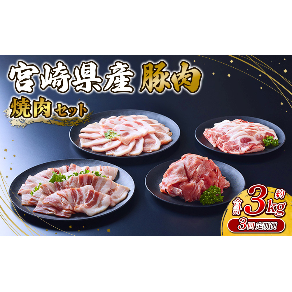 【3回定期便】豚肉 宮崎県産 いもこ豚 焼肉 セット 3kg × 3回 総合計 9kg 切り落とし 小分け 豚 豚バラ バラ ロース 肩ロース スライス 小間切れ 真空パック 焼肉用 焼き肉 BBQ 